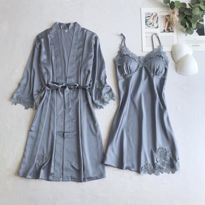 Pyjama Ensemble chemise de nuit grise en dentelle pour femmes vetements de nuit pyjama col en v vetements de maison Gray Set C Blanc Cdiscount Pret a Porter