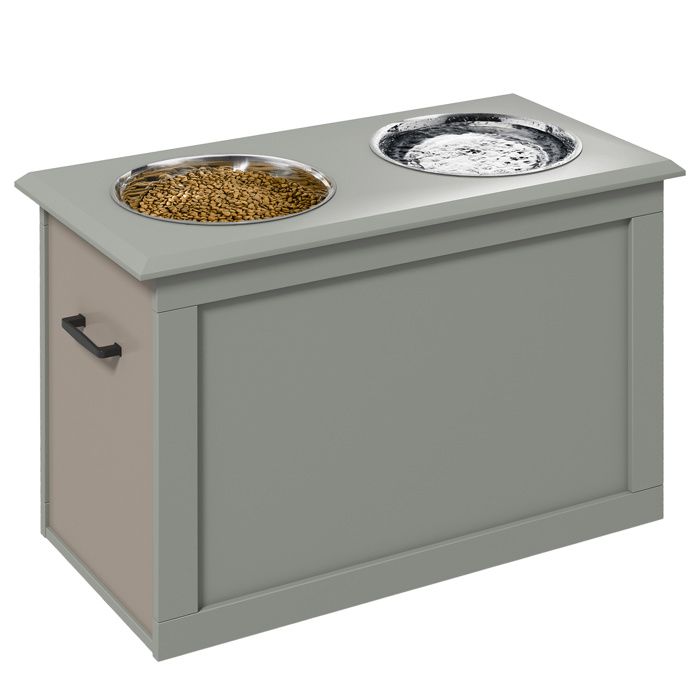 Gamelles chiens surélevées - PawHut - double 2 L poignées coffre rangement meuble - bois - 60x30x41cm - gris