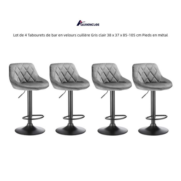 Tabourets de bar en velours cuillère - QUIIENCLEE - Gris clair - Pieds en métal - Lot de 4