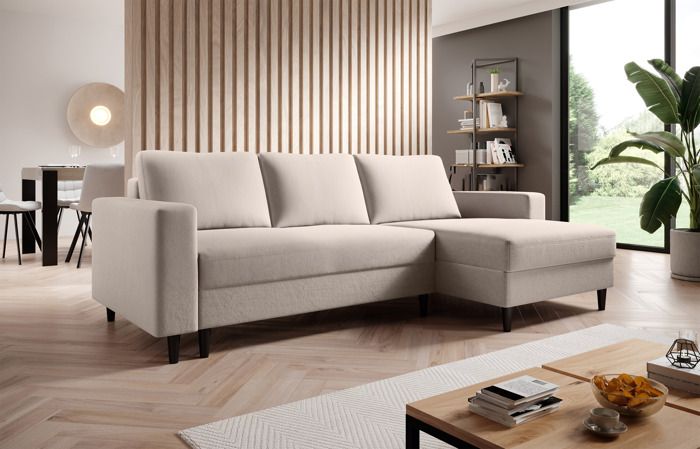 Canapé dangle - NALIKA - 230 cm - en L avec un coffre de rangement avec fonction couchage - velours hydrophobe - crème - côté droit
