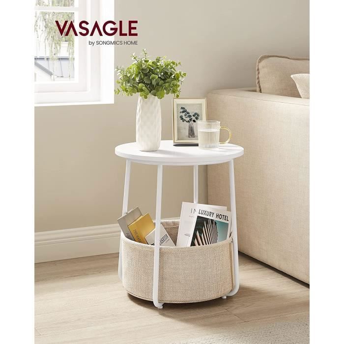 Petite Table Basse Ronde avec Panier en Tissu pour Salon Chambre Style Moderne Blanc Mat et Marron Camel Petite Table Basse Ronde avec Panier en Tissu pour Salon Chambre Style Moderne Blanc Mat et Marron Camel
