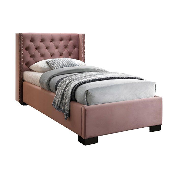 Lit avec tête de lit capitonnée - 90 x 200 cm - Velours rose - MASSIMO II
