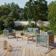 Salon de jardin LAFITENIA en bois d'acacia blanchi FSC et corde - BEAU RIVAGE - 4 places - Coussins vert-1