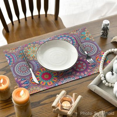 4 Sets De Table Ronds Mandala Tribal - 39 Cm - Antidérapants Lavables - Polyester - Motif Indien Floral
