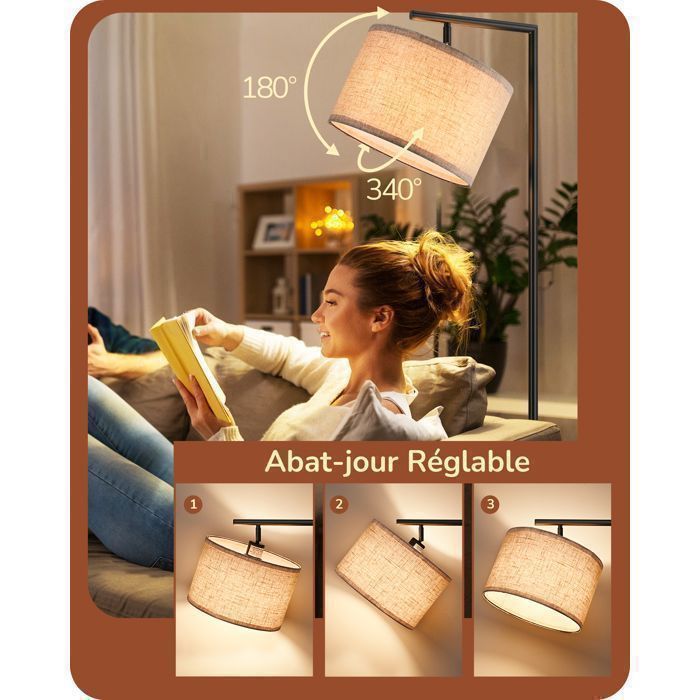 EDISHINE Dimmable Lampadaire avec Télécommande, Interrupteur à Pied, E27 Ampoule (2700K-6000K) Fournie, Hauteur et Orientation Réglables, Abat-jour en Lin, Lampe Sur Pied à Arc pour Salon, Noir