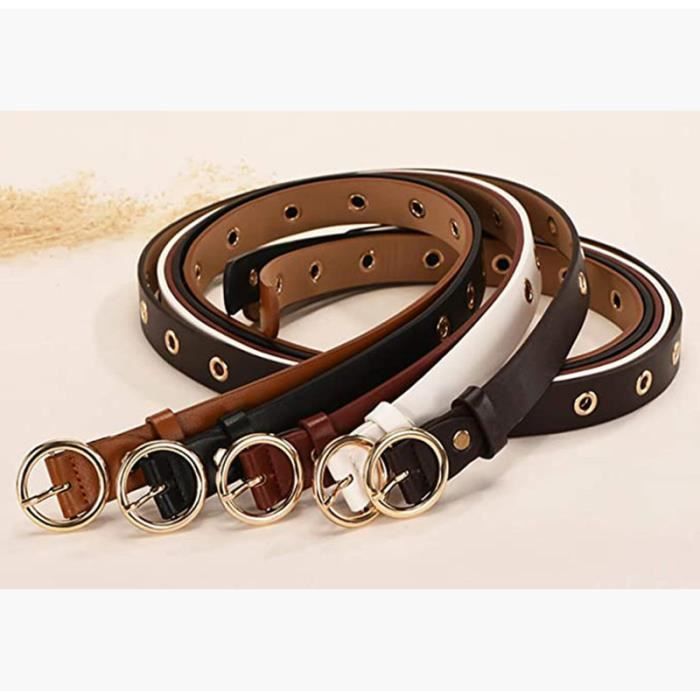 Ceinture en Cuir Vintage Mode pour Femme Marque Boucle Rond Reglable Beige