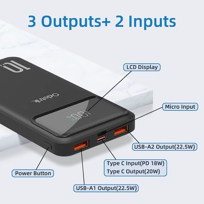 Batterie Externe pour Smartphones & Tablettes 10.000 mAh, USB-C et
