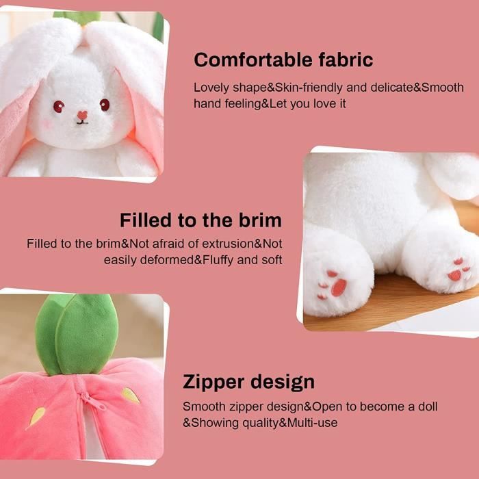 Peluche Lapin De Pâques Réversible Fraise – Kawaii Oreiller Cache-Cache Cadeau Enfant & Adulte