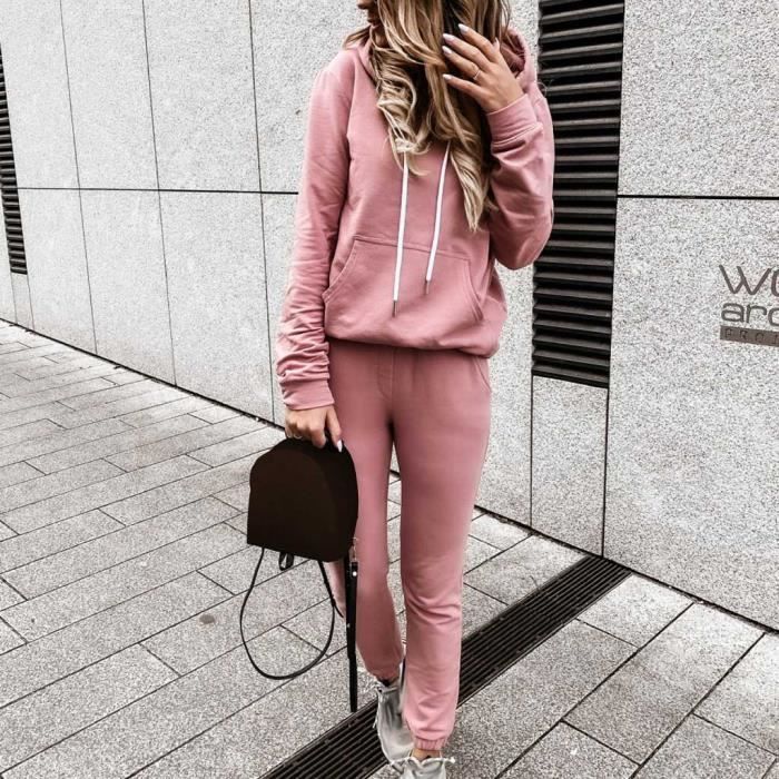 Pull a capuche de loisirs de couleur unie pour femmes tenue de sport costume a manches longues Rose Rose Cdiscount Pret a Porter