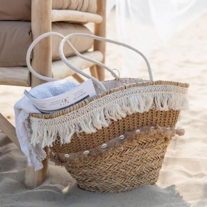 Panier De Plage Rotin coquillages 48cm Naturel Paris Prix Beige