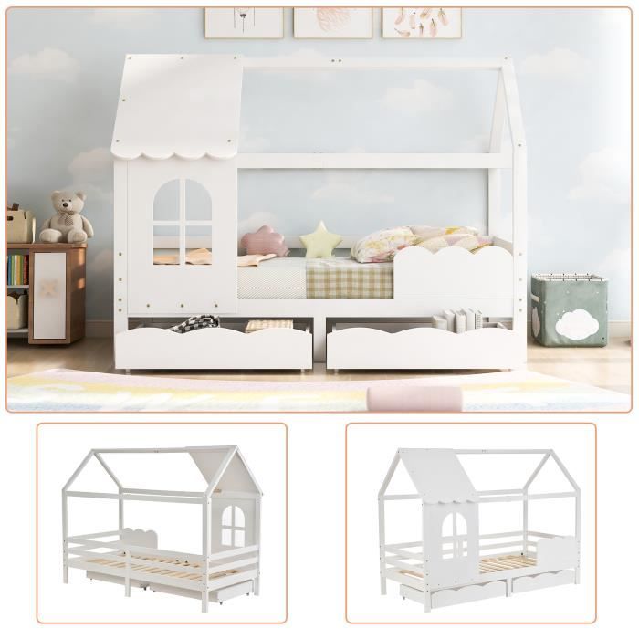 Lit cabane d'enfant -Beau lit d'appoint en bois massif avec barreaux et  sommier à lattes,protection antichute - 90x200cm blanc - Cdiscount Maison