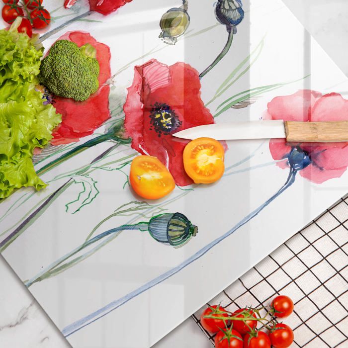 Planche à Découper En Verre Trempé 80x52 Cm - Motif Peinture Fleurs Et Coquelicots - Marque Coloray - Neuf