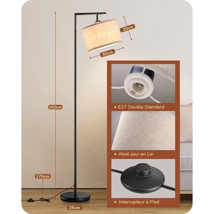 Lampadaire LED Sur Pied 165 Cm Avec Télécommande - Abat-jour En Lin, Lumière Dimmable Et Réglable En Couleur - Pour Salon, Bureau Ou Chambre