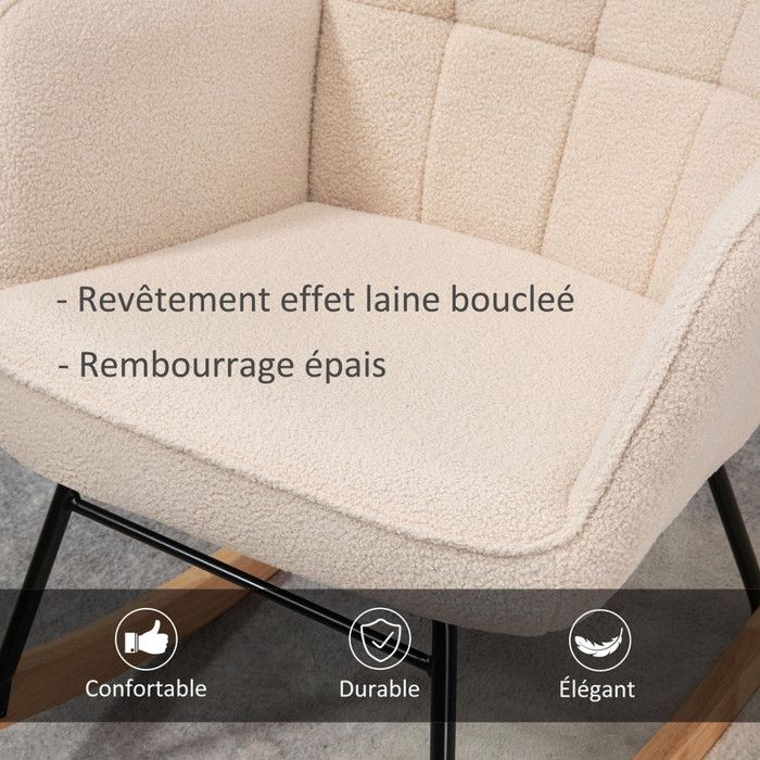 Fauteuil à Bascule - Rocking Chair - Blanc - Tissu En Sherpa - Pieds En