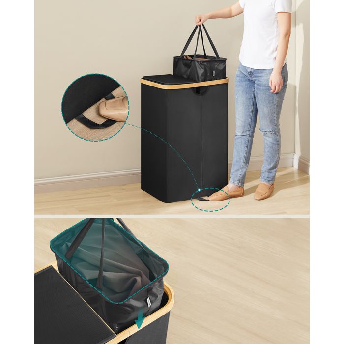 Lifewit 150L Panier à Linge Avec Couvercle, Grand Corbeille à Linge Pliable Avec Poignées En Bambou, Avec 3 Compartiments Et 3 Sacs à Linge Amovibles Pour Chambre Salle De Bain Buanderie Beige