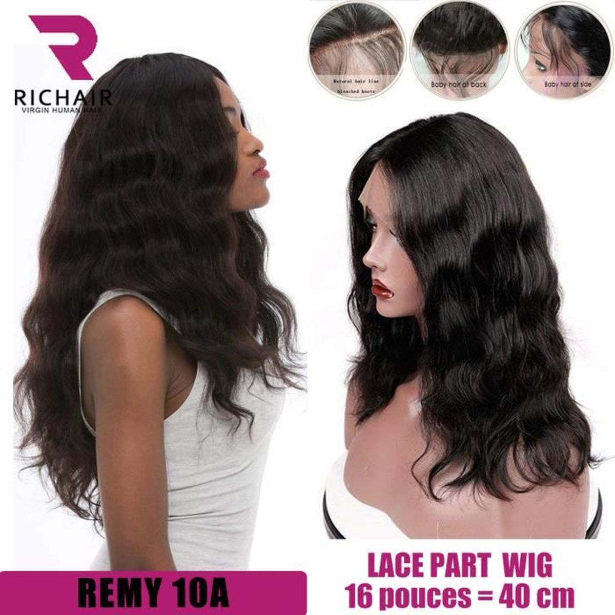 Perruque Brésilienne En Cheveux Humains - Longueur 4 Cm - Noire Raide - Bonnet Moyen - Neuf Sans étiquettes