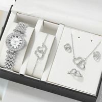 Ensemble 5 pcs Montre luxe femme parure Coeur Argent bijoux collier bracelet boucle d oreilles bague cadeau idéal