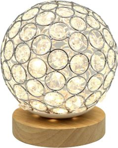 LAMPE A POSER LAMPE A POSER-Générique Lampe de table USB en cristal boule de cristal argentée avec base en bois, lampe de chevet à intensité