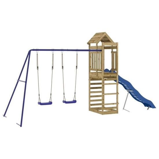 Balançoire Enfant Extérieur OneConcept Olav - 3 Agrès (2 Balançoires + Vis-à-vis) - Supporte 120 Kg - Pour 3-8 Ans - Bleu