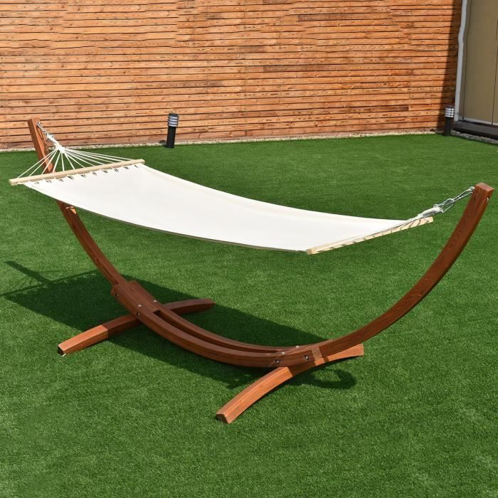 DREAMADE Hamac en bois, Hamac d'extérieur en Mélèze Russe Bois et Polyester Coton en Arc de Cercle, Capacité 120kg dans Jardin