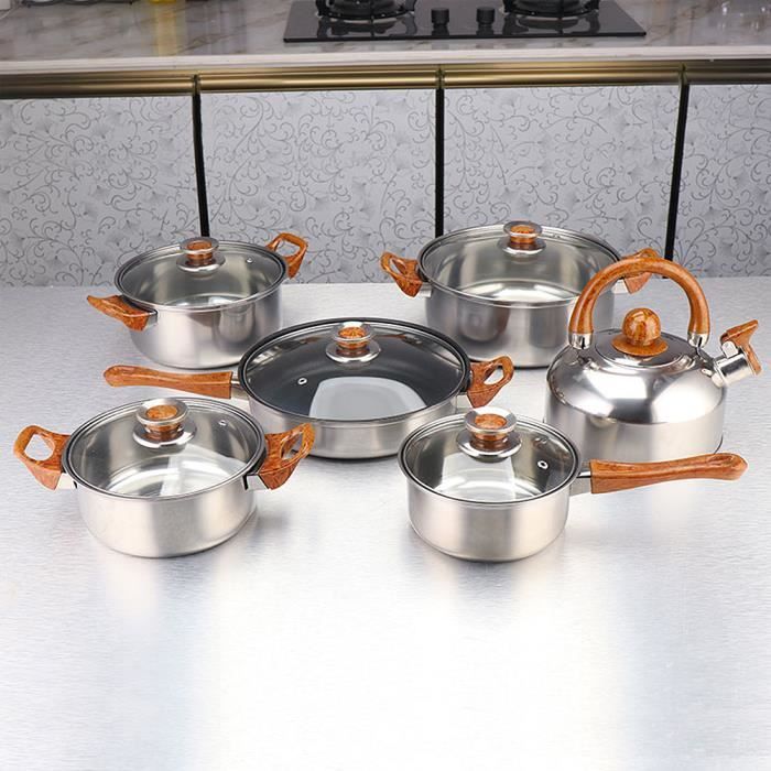 YIdaguo Batterie de Cuisine 12 Pièces (1 Bouilloire - 5 Casseroles - 6 Couvercles) En Acier Inoxydable Cuisson Cuisine Induction Boi