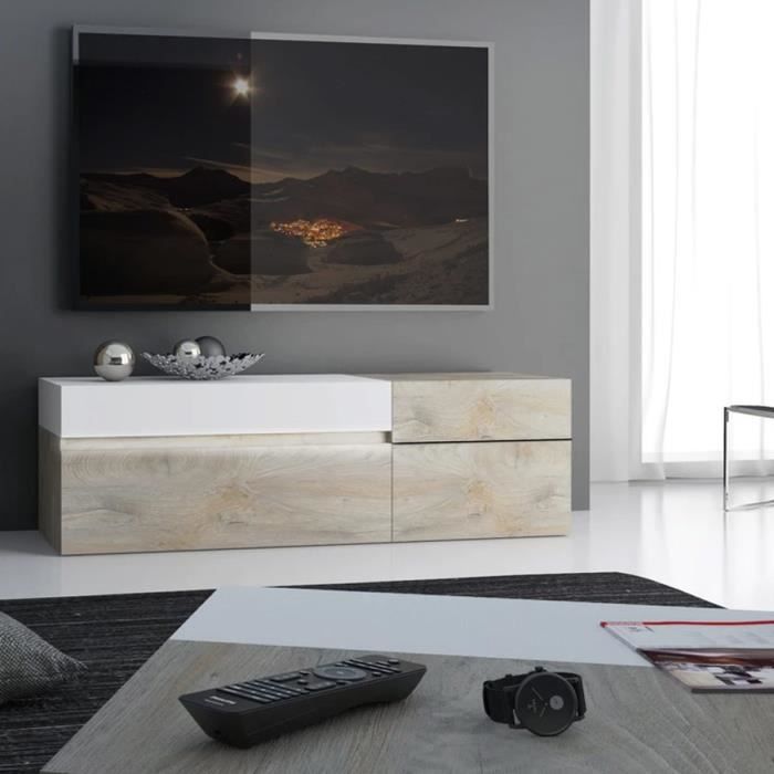 Grand meuble télé couleur chêne et blanc moderne EMILIE L 150 x P 45 x H 57 cm Marron