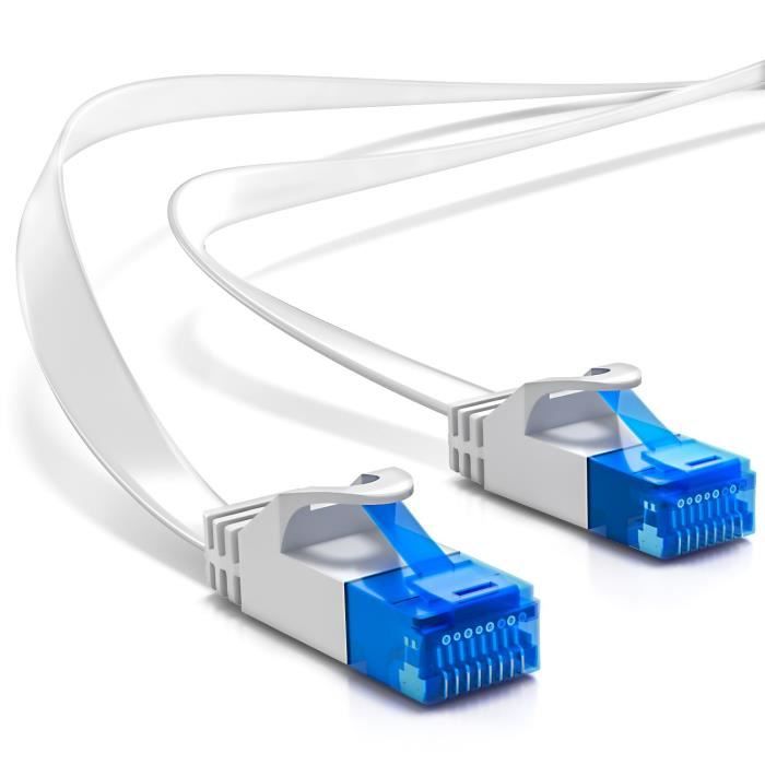 deleyCON 30m Câble réseau RJ45 plat CAT 6 Gigabit LAN DSL - Blindage U-UTP - surfaces de contact dorées - prises RJ45 - blanc