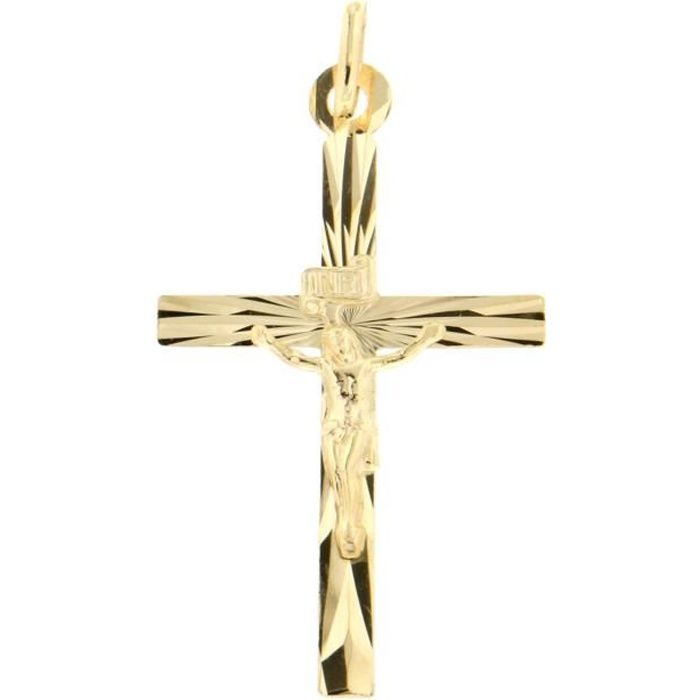 Pendentif Croix Jésus Strié en Or 9 carats+ Chaîne Offerte