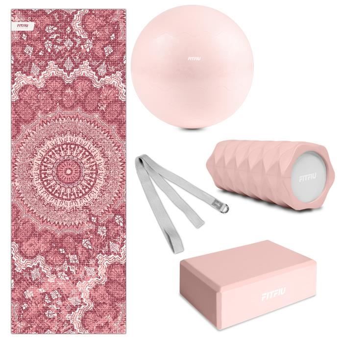 Kit 5 accessoires yoga KITWELL-501 ROSE, tapis, bloc, ball, fitball, ceinture d'exercice - FITFIU Fitness