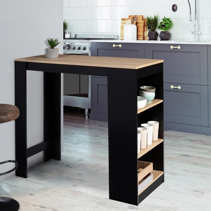 IDMARKET Table de bar BARTH 2 à 4 personnes bois noir et plateau imitation hêtre