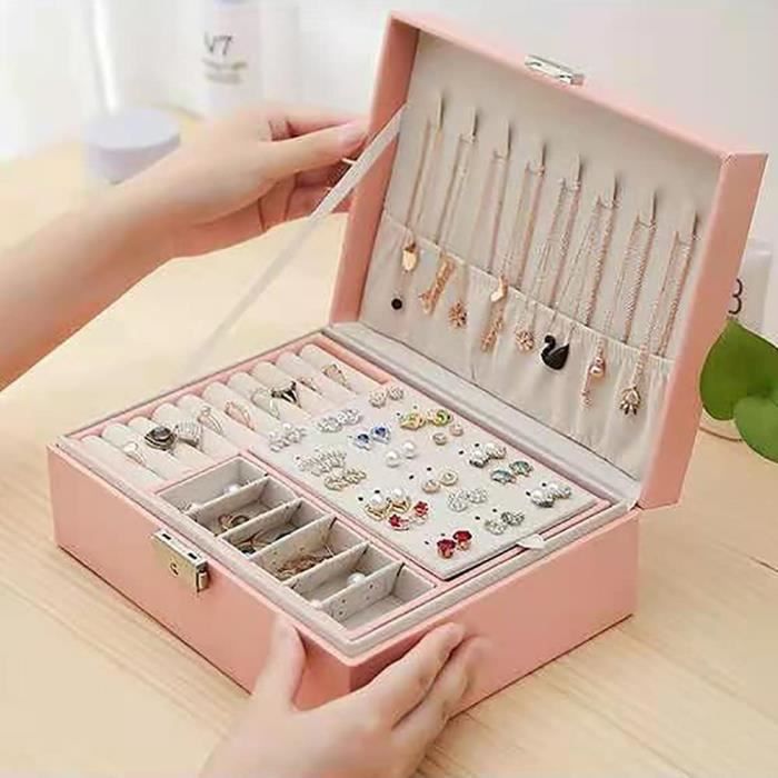 OUKANING Rose Boîtes à bijoux avec miroir - Boîte organisateur de bijoux à double couche