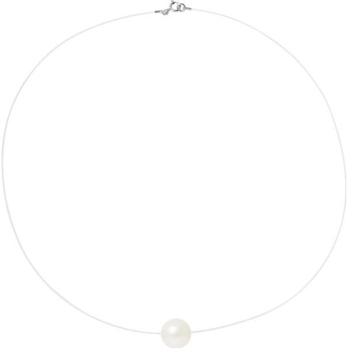 PERLINEA - Collier Perle de Culture d'Eau Douce AAA+ Ronde 9-10 mm Blanc Naturel - Argent 925 Millièmes - Nylon - Bijoux Femme