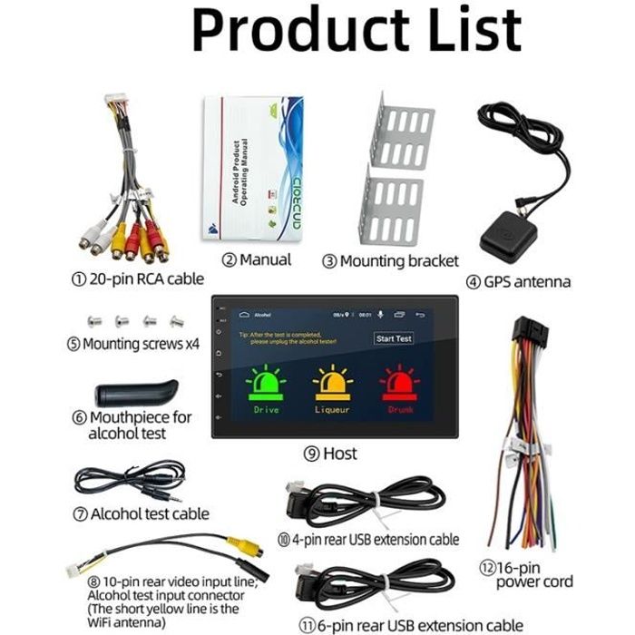2 DIN Autoradio Android 10.1 Quad Core Lecteur VidéO MultiméDia GPS WiFi Bluetooth RéCepteur Radio FM Double DIN Unité de TêTe