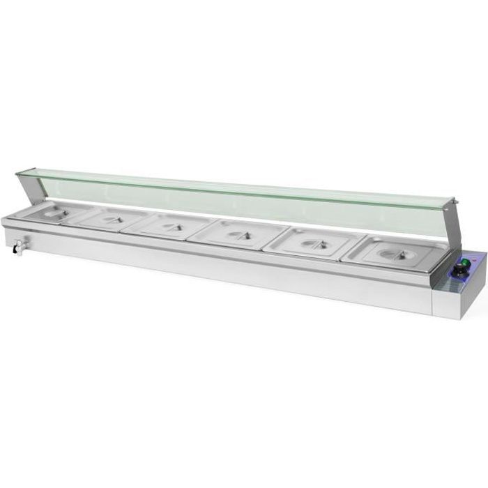 Vertes FD5-BM-6H Bain Marie avec couvercle et vitre de protection (1800 Watt, avec 6x récipient 1-2 GN, Robinet de vidange)