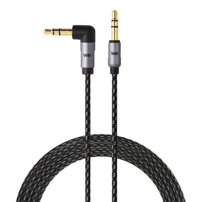 WE Câble Auxiliaire Audio Jack/Jack 3,5mm Mâle Mâle Nylon coudé 90 degrés tressé 1m50 - très résistant Fiches Or - Compatible avec