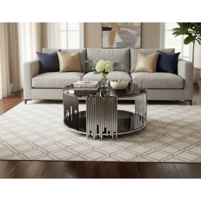 Table Basse ronde STICK Chrome et plateau en verre NOIR D90 H45 cm