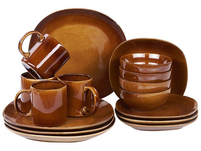Ensemble de vaisselle 16 pièces en grès marron doré TURMERIC