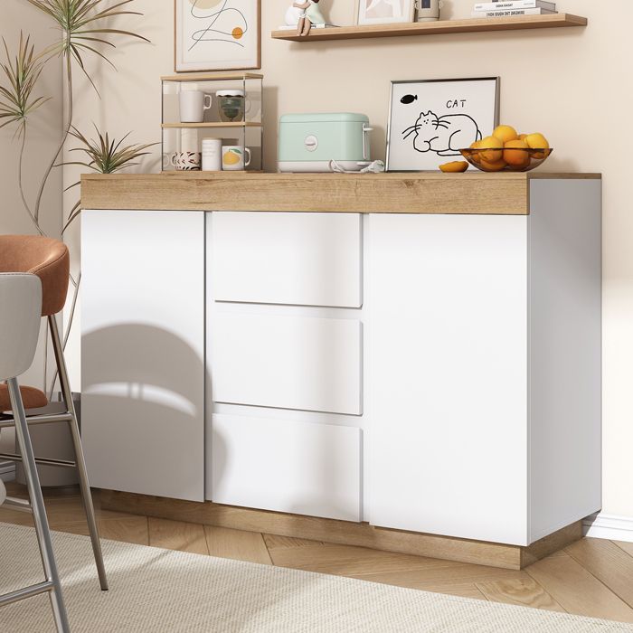 Buffet moderne avec 3 tiroirs et 2 portes - en panneaux de particules - Blanc