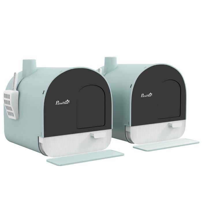 Comparer les prix de Lot de 2 bacs à litière pour chat PawHut maison de toilette bac à litière pour chat avec porte battante, pelle et filtre - Vert
