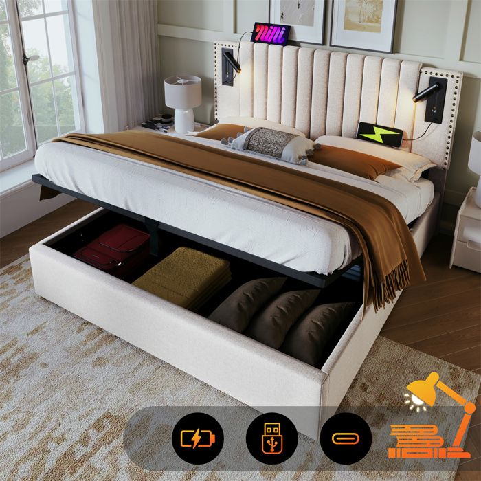 Lit Coffre 160x200 avec Sommier et LED - Lit 2 Personnes pour Adulte - Rangement - Beige - Lampe de Lecture - Coton