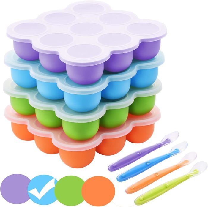 Moule Silicone 9 Cases Pour Purées Bébé - Avec Couvercle - Congélation Fruits, Légumes, Lait Maternel - Facile à Démouler