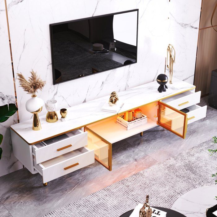 Meuble Bas TV Vintage 175x38x55.5 Cm - 2 Tiroirs, 4 Portes En Vannerie - Blanc Avec Poignées Dorées - Pour Téléviseur 70 à 79 Pouces - 5