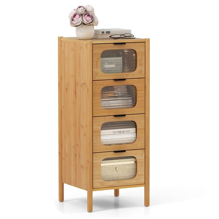 COSTWAY Commode à 4 Tiroirs avec Front en Verre Trempé Rayé Bambou pour Salon Chambre Bureau Naturel 40 x 40 x 97 cm