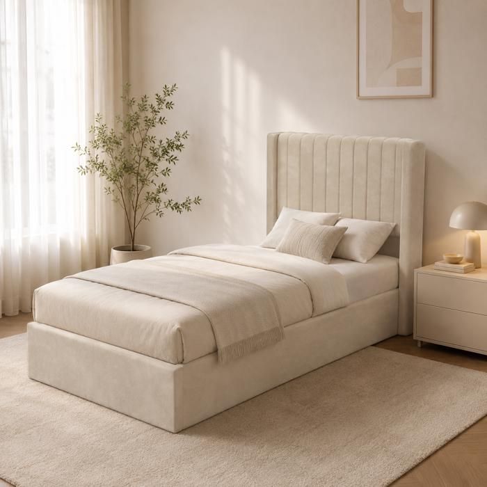 Lit coffre velours beige sommier relevable 90x190 cm CAMILLE