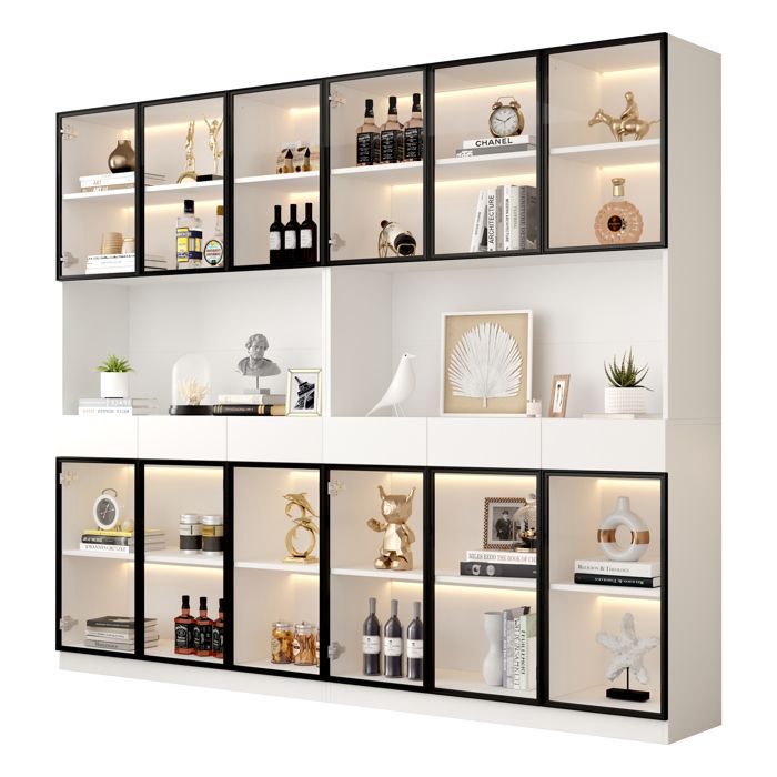 Porte de vitrine en verre de 200 cm de haut Vitrine blanch avec éclairage LED bibliothèque multi-rangements pour collectionssalon
