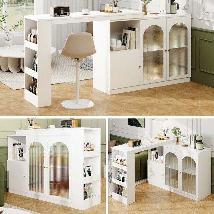 Table de bar extensible à 360° 120 x 40 x 97 cm Table Haute moderne noir avec Rangement Table bistro rotatif MDF BLANC