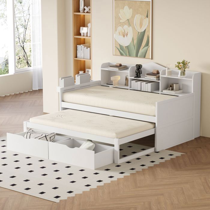 Lit gigogne - SOGEU - 90x190 - Bois massif - Avec tiroirs & rangements - Prise USB
