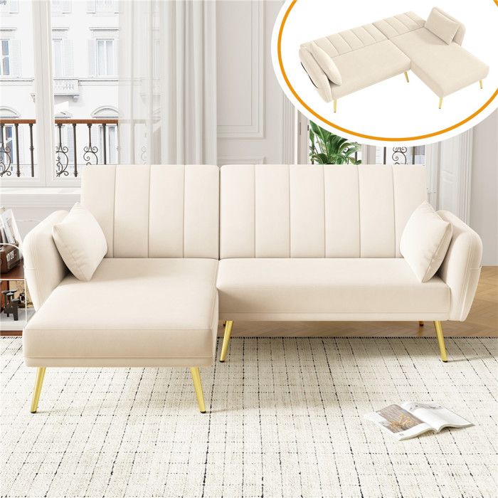 Clic clac 3 places convertible lit canapé dangle velours beige avec coussins et rangement pliant réglage dangle à 3 positions