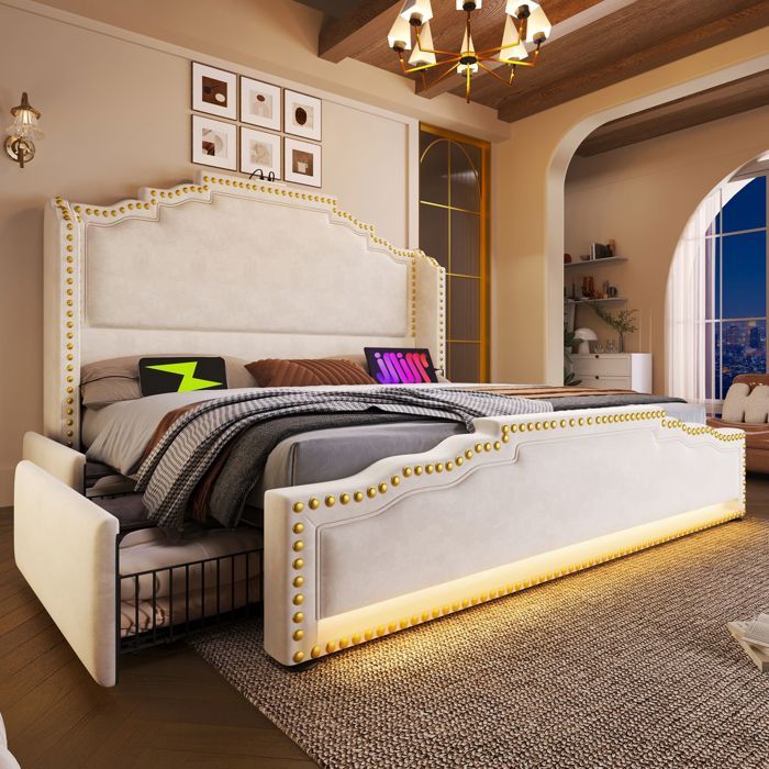Lit coffre - SOGEU - 160x200 - Velours beige - 4 tiroirs - LED intégrée USB-C