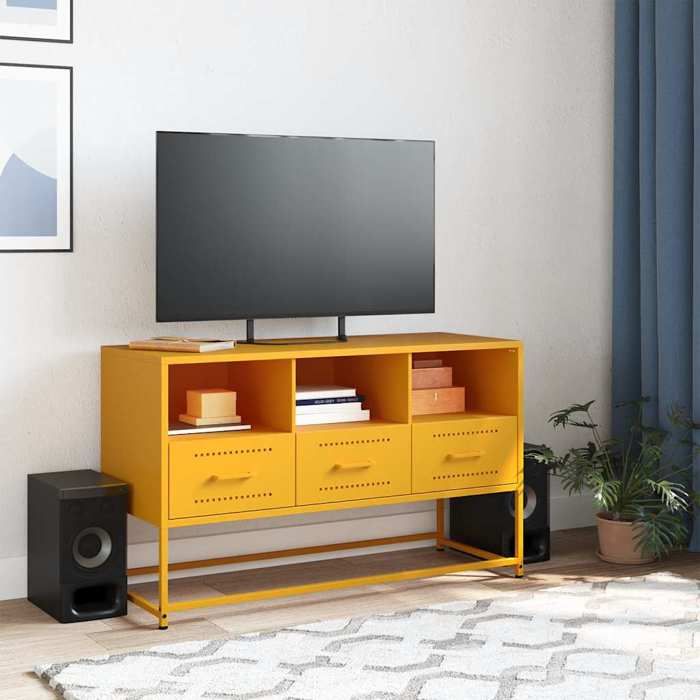 Meuble TV industriel - vidaXL - Jaune moutarde - Acier - 1005x39x605 cm - 3 compartiments ouverts - 3 tiroirs